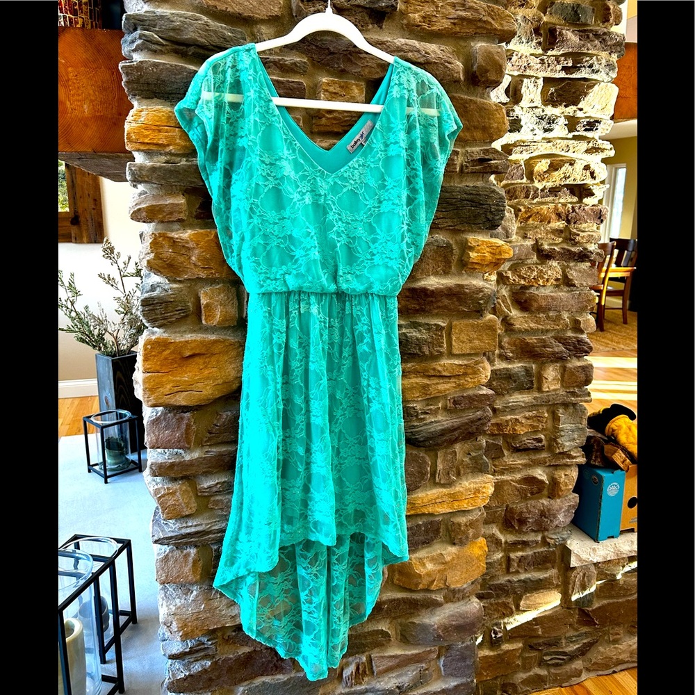 Worn once! Lacy dress with V-neck and ruching at waist. Size small.